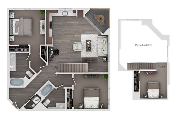 A top-down view of a house layout with a kitchen, living room, and bathrooms.