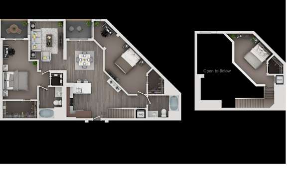 A floor plan of a house with a kitchen, living room, and bathrooms.