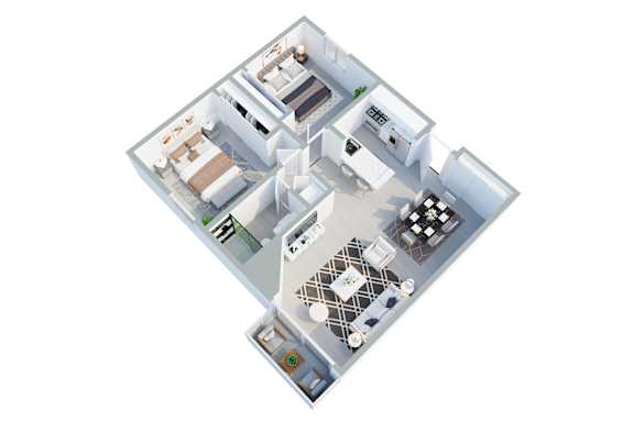 A 3D floor plan of an apartment with a kitchen, living room, and bathroom.