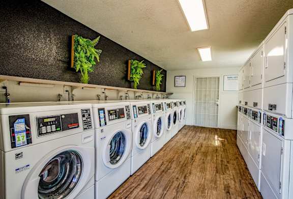 A row of washing machines in a laundromat.