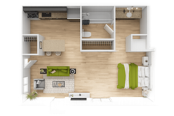 A top-down view of a living room with a fireplace, couches, and a dining area.