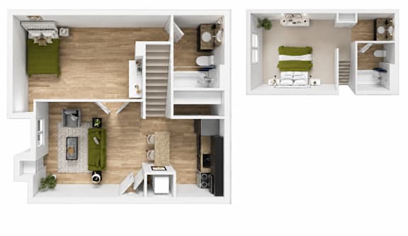 A set of three images showing different layouts of a small apartment.