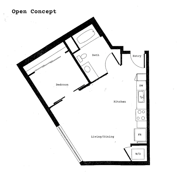 A floor plan of an open concept living/dining/kitchen area.