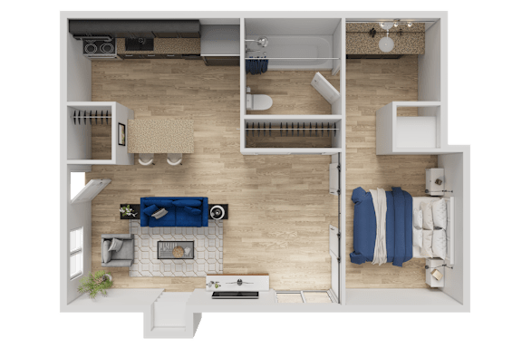 A top-down view of a modern living room with a fireplace and a bed.
