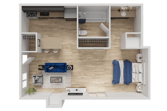 A top-down view of a modern living room with a fireplace, couch, and a dining area.