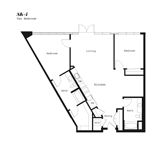 A floor plan of a two bedroom apartment with a living room, kitchen, bathrooms and an entry way.
