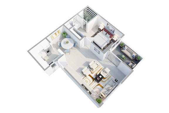 A 3D floor plan of an apartment with a kitchen, living room, dining room, and bedrooms.