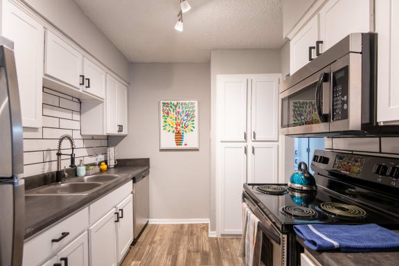 galley kitchen in Stadium 700 3-bedroom apartment with stainless steel dishwasher, microwave, and electric stove.