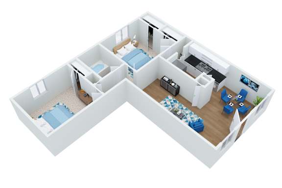 A 3D floor plan of an apartment with two bedrooms, a living room, a kitchen, and a bathroom.