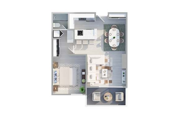 A 3D floor plan of an apartment with a kitchen, living room, and two bedrooms.