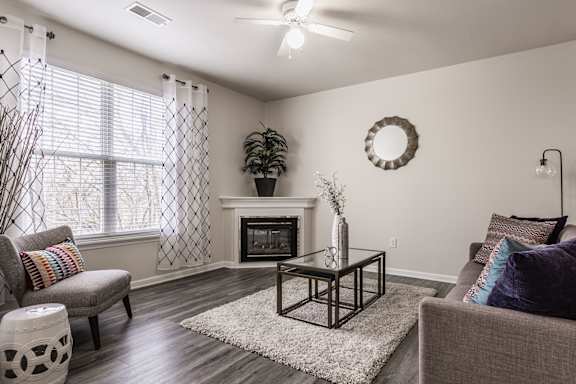 A living room with a grey couch, a coffee table, and a fireplace.