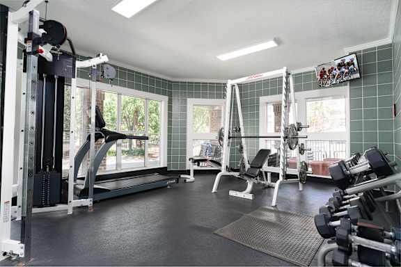 A gym with a treadmill, weights, and exercise equipment.
