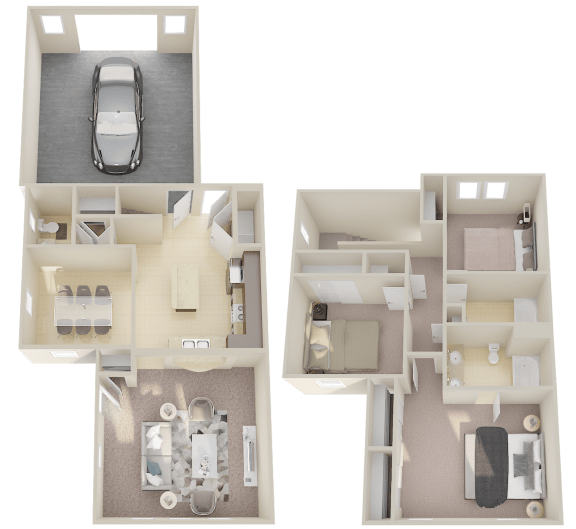 a 3d floor plan of a house with a car in the garage