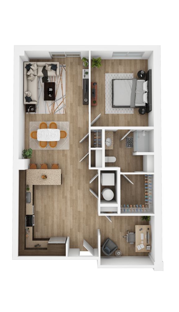 a floor plan of a bedroom with a bathroom and a living room