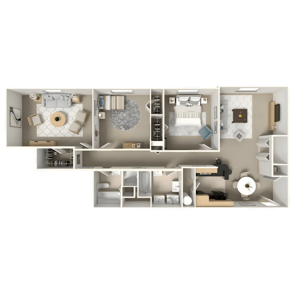 A detailed 3D floor plan of a two-bedroom apartment.