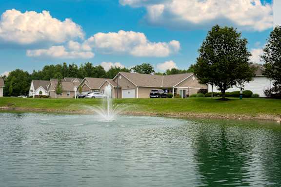 A fountain in the middle of a lake with houses in the background.