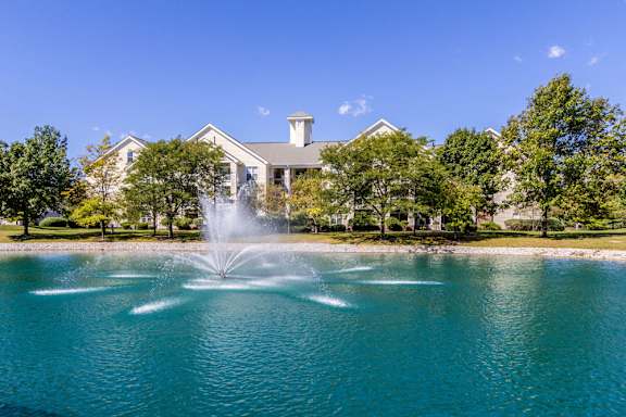 Britton Woods Apartments Dublin Ohio Pet Friendly Updated Renovated Exterior Pond with Fountain.