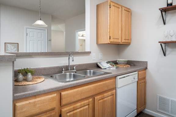A kitchen with a white sink and a white dishwasher.