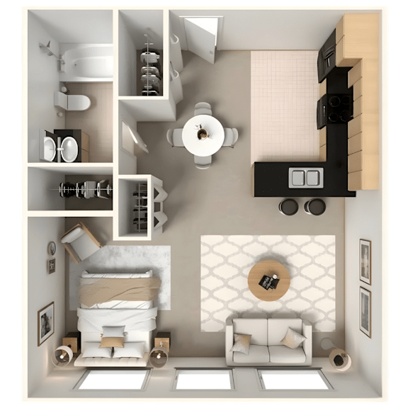 Floor Plan  A 3D rendered image of a modern bathroom and living room.