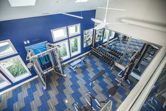 a large fitness room with a lot of exercise equipment and windows