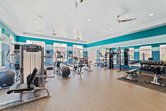 A spacious gym with a variety of equipment.