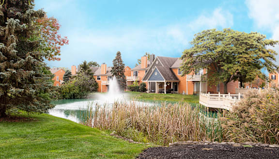 A fountain in the middle of a grassy area.