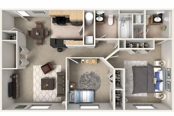 A top-down view of a modern apartment layout.