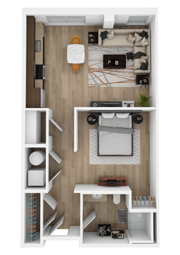 Floor Plan  a stylized floor plan of a 1 bedroom with a bathroom and a living room