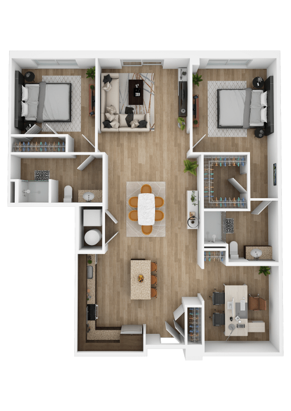a stylized floor plan of a 1 bedroom apartment with a living room and kitchen
