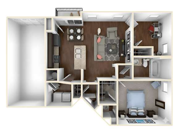 Floor Plan  A 3D floor plan of a small apartment with a kitchen, living room, and bedroom.