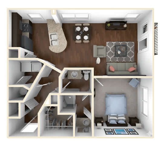 A 3D floor plan of a small apartment with a bedroom, living room, and kitchen.