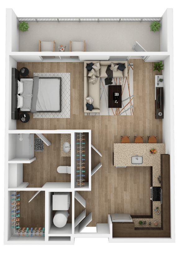 a layout of a bedroom with a living room and a bathroom
