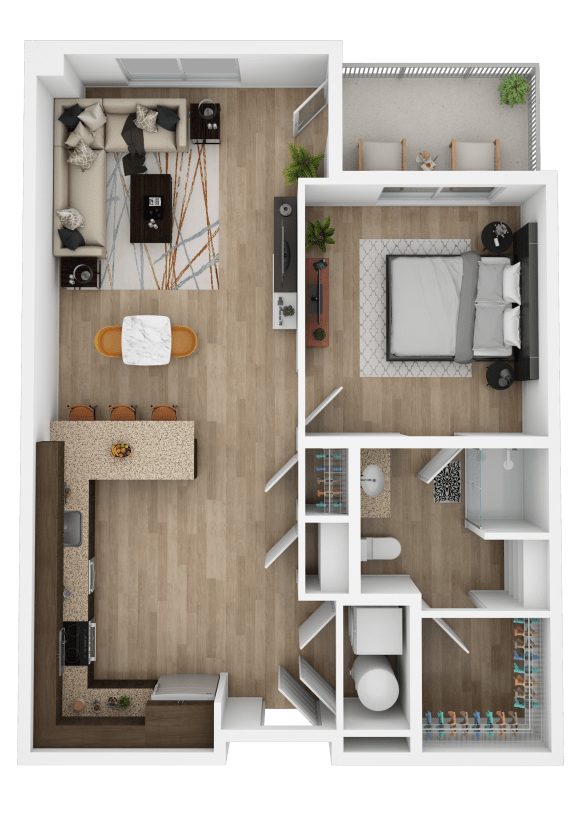a 3d drawing of a bedroom with a living room and a bathroom