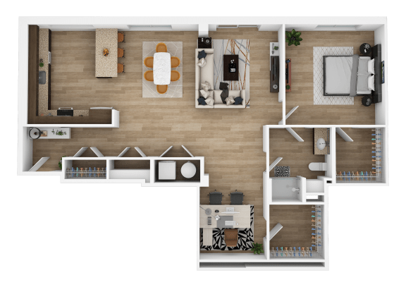 the interior of a plan with a bedroom and a living room