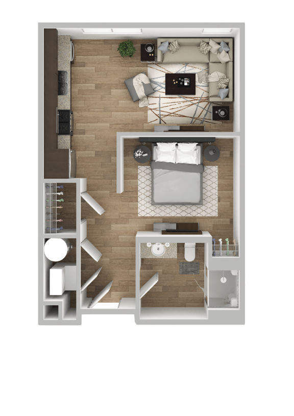 a floor plan of a small apartment with a bedroom and a living room