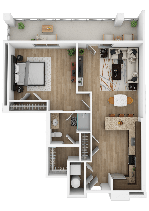 a stylized floor plan of a home with a bedroom and a living room