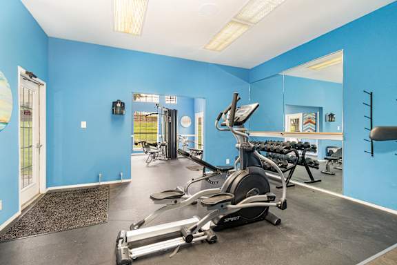 A gym with blue walls and a variety of exercise equipment.
