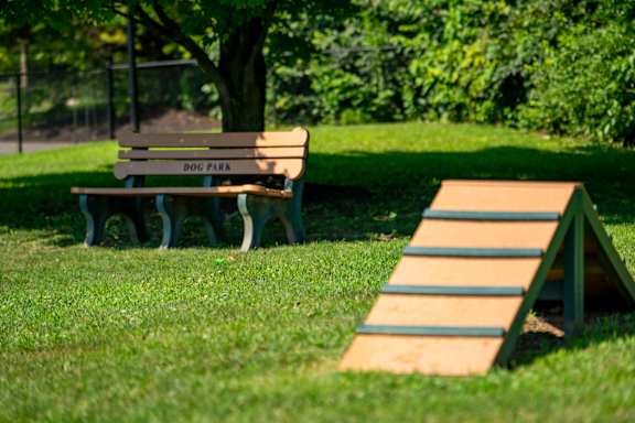 A wooden bench with the words "DOG PARK" on it sits in the grass next to a wooden ramp.
