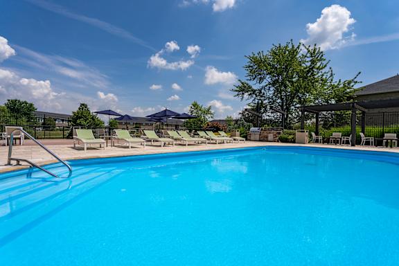 A large blue swimming pool with a metal ladder on the left side.