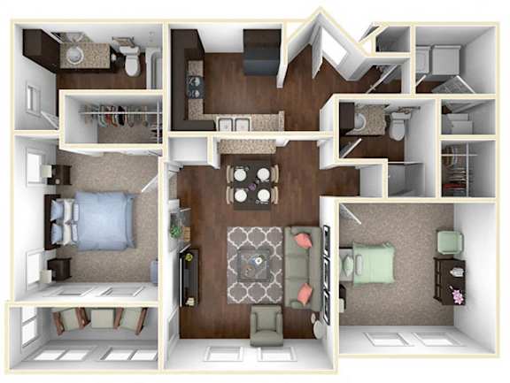 A 3D floor plan of a small apartment with a kitchen, living room, and bedrooms.