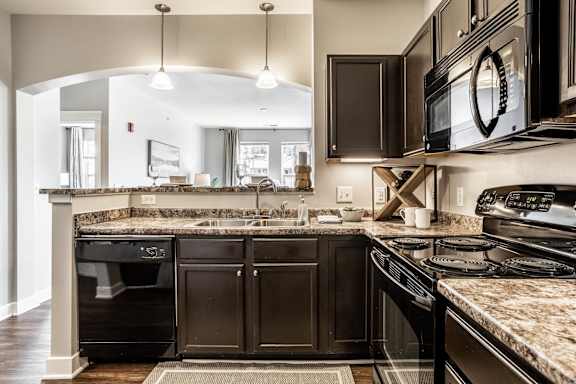 A kitchen with black appliances and a marble countertop.