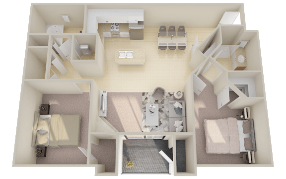 A 3D floor plan of a house with a kitchen, living room, and two bedrooms.