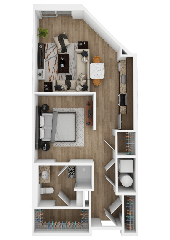 a 1 bedroom floor plan with a bathroom and a living room