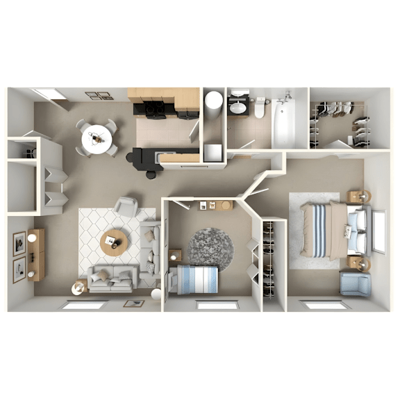 Floor Plan  A 3D floor plan of a house showing a living room, kitchen, and bathroom.