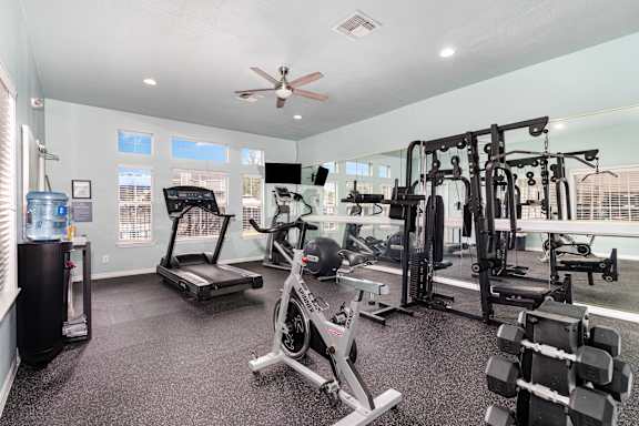 A well-equipped home gym with a variety of exercise machines.