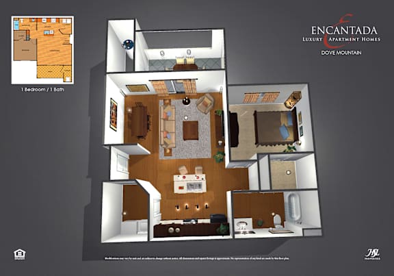 A floor plan of a one bedroom/one bath apartment at Encantada Luxury Apartment Homes in Dove Mountain.