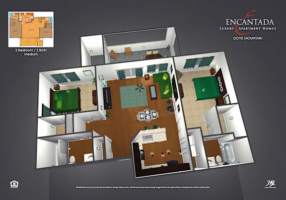 A floor plan of a two bedroom, two bathroom apartment.