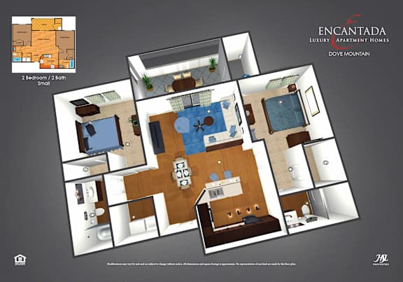 A floor plan of a two bedroom, two bathroom apartment with a living room, kitchen, and dining area.