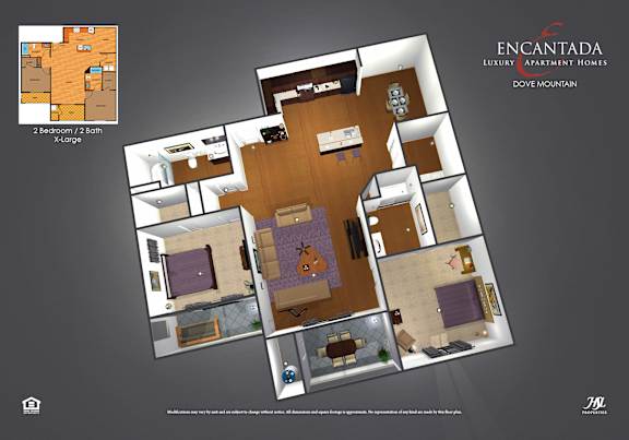 A floor plan of a two bedroom, two bathroom apartment.
