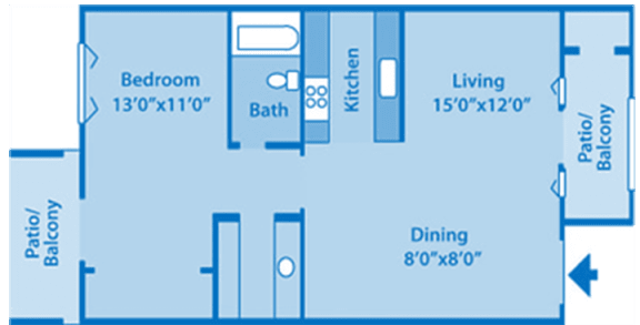 Canyon Oaks Model D floor plan layout. Patio, bedroom and bath on the left. Kitchen, dining and living room on the right.